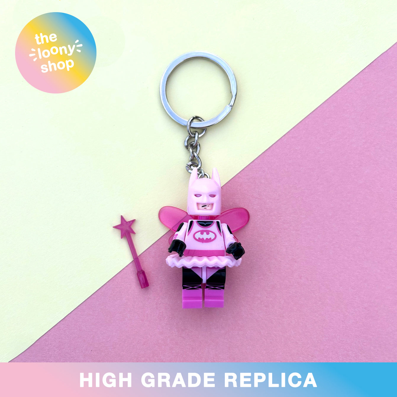 Pink Batman Fairy Inspired Minifigure Keyring MOC Brick Keychain