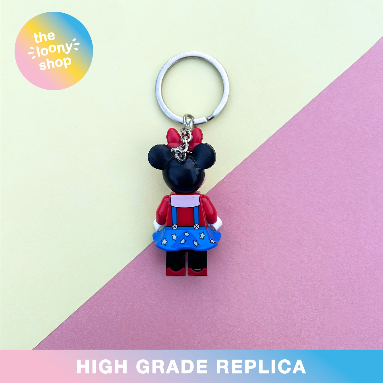 Minnie Mouse Blue Dress Inspired Minifigure Keyring MOC Brick Keychain
