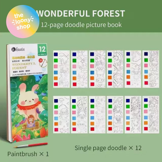 Fantasy Forest Portable Watercolour Painting Colouring Book With Paint Brush