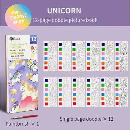 Unicorn Portable Watercolour Painting Colouring Book With Paint Brush