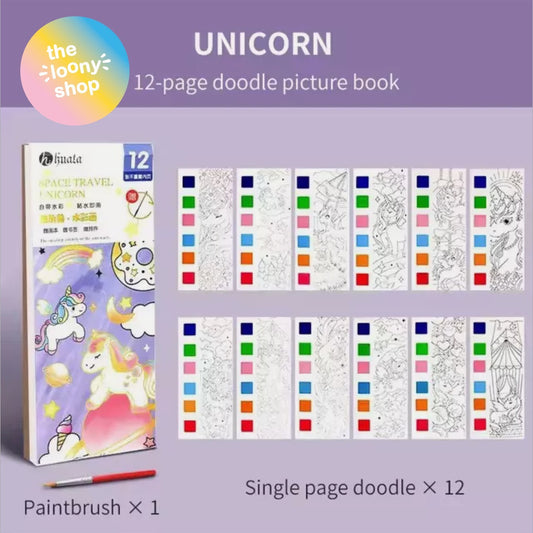 Unicorn Portable Watercolour Painting Colouring Book With Paint Brush