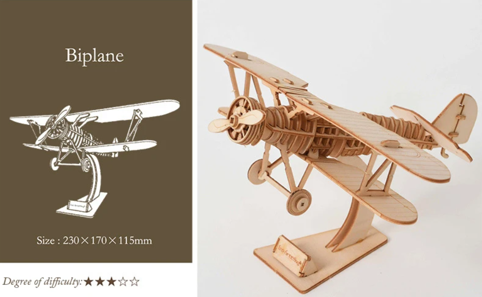 Biplane 3D Wood Puzzles Jigsaw 2* Difficulty DIY Model Building Kits Kids Adults