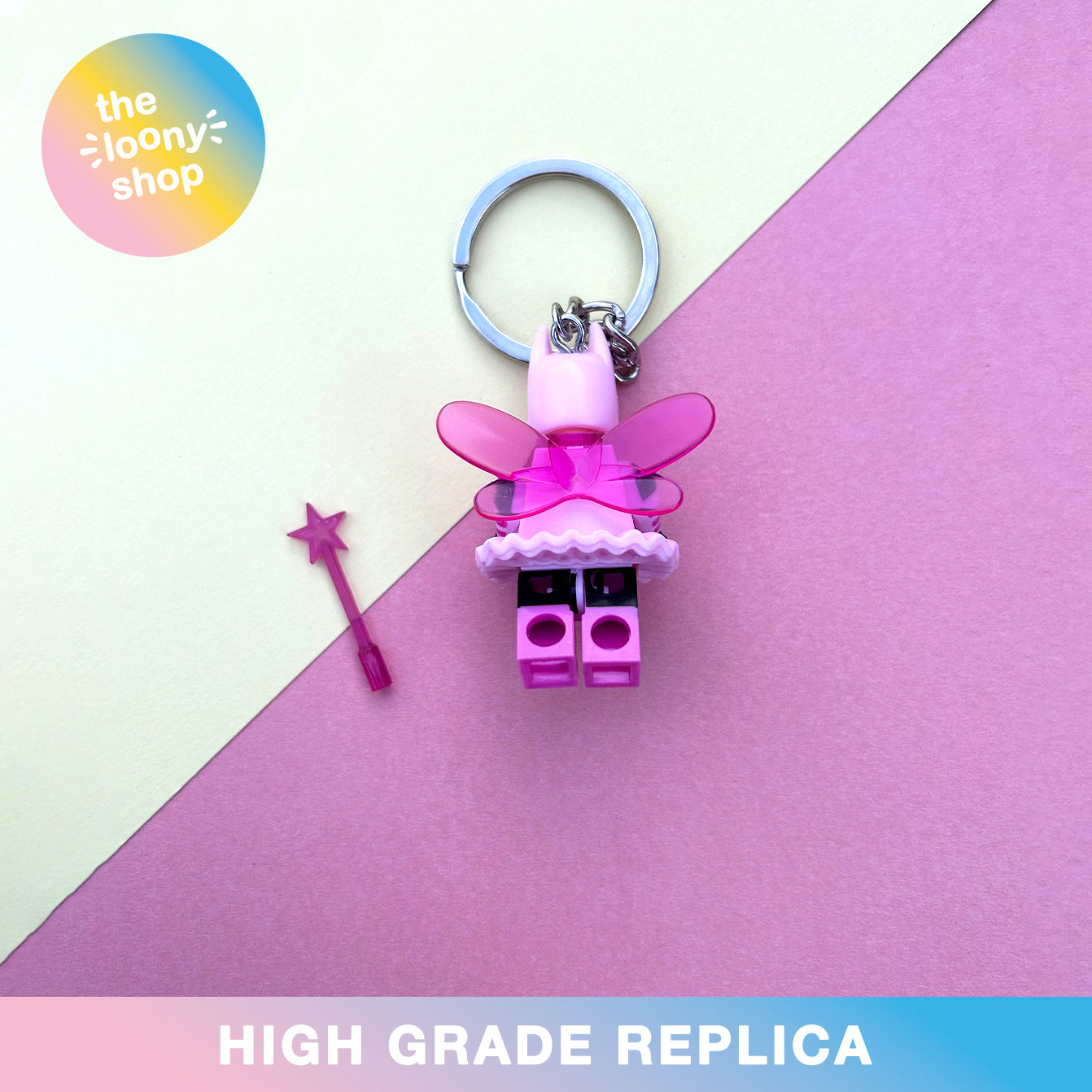 Pink Batman Fairy Inspired Minifigure Keyring MOC Brick Keychain