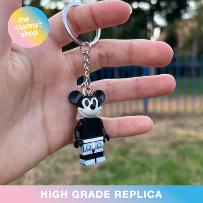 Black & White Mickey Mouse Inspired Minifigure Keyring MOC Brick Keychain