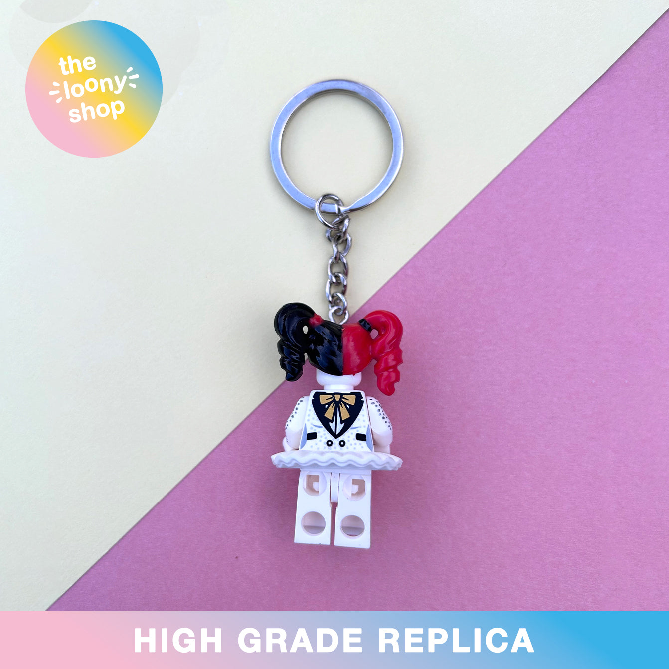 Harley Quinn Inspired Minifigure Keyring MOC Brick Keychain
