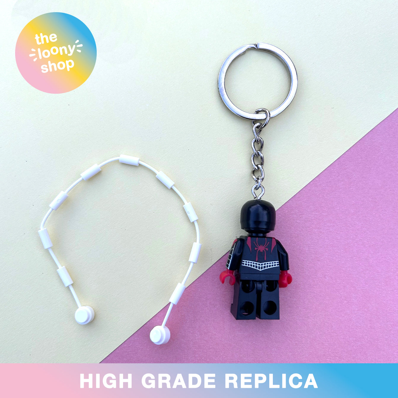 Miles Morales Spiderman Inspired Minifigure Keyring MOC Brick Keychain