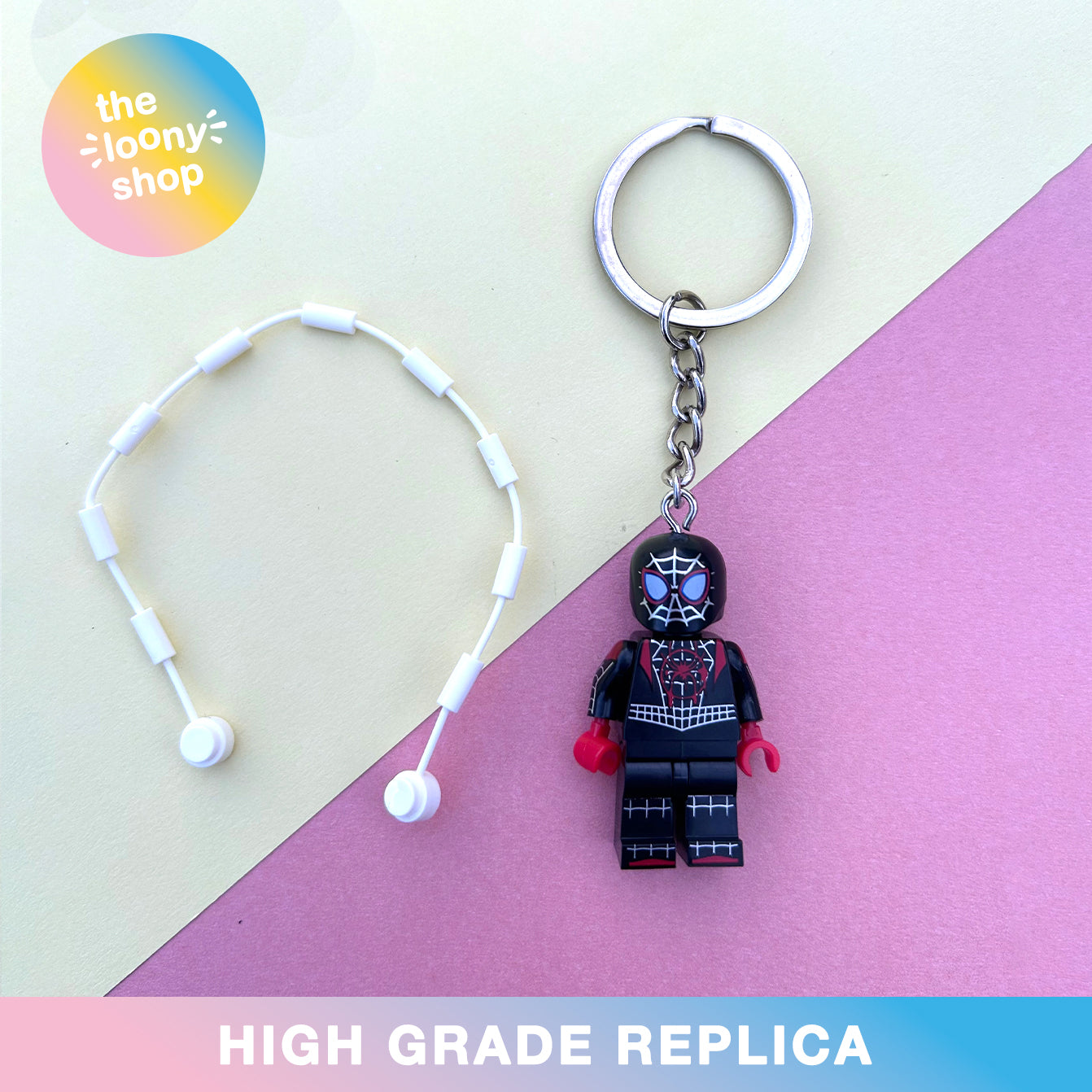 Miles Morales Spiderman Inspired Minifigure Keyring MOC Brick Keychain