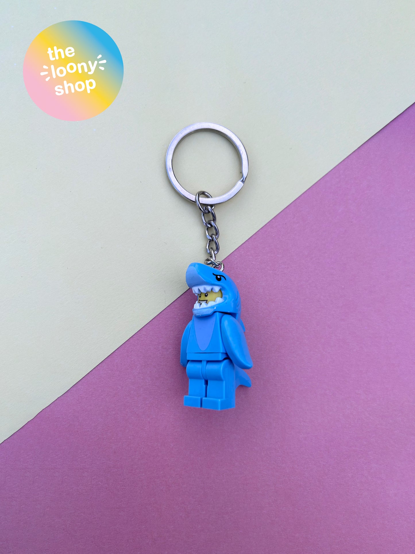 Shark Suit Guy Inspired Minifigure Keyring MOC Brick Keychain