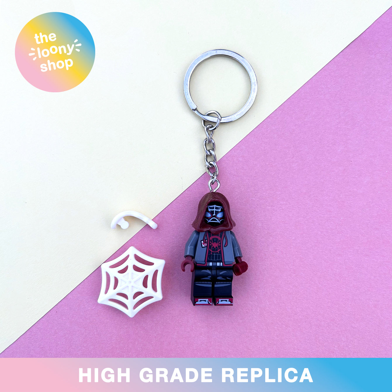 Hooded Miles Morales Inspired Minifigure Keyring MOC Brick Keychain