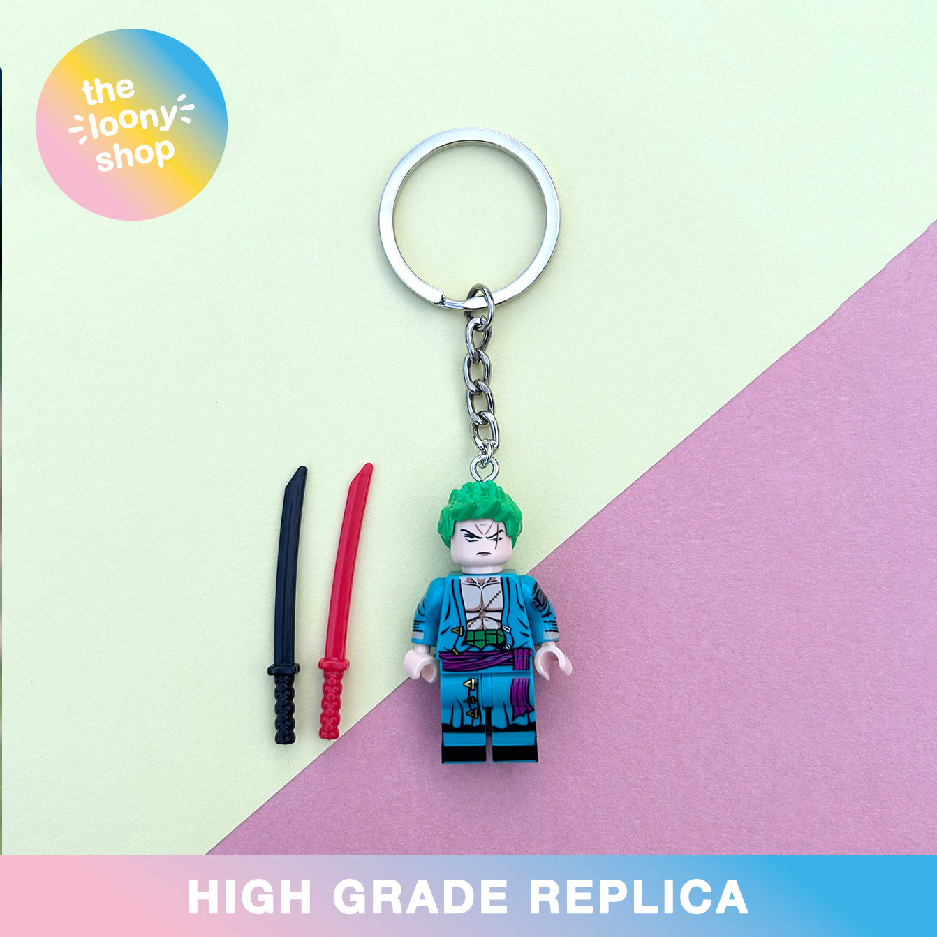 Zoro One Piece Inspired Minifigure Keyring MOC Brick Keychain